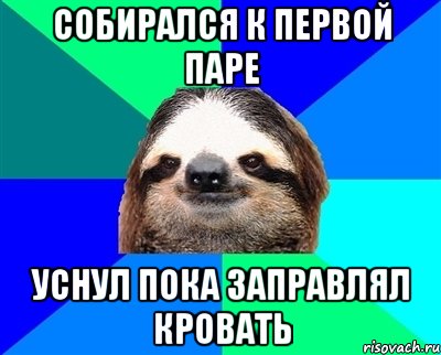 Собирался к первой паре Уснул пока заправлял кровать, Мем Ленивец