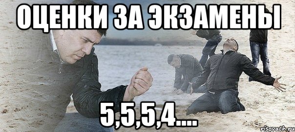 оценки за экзамены 5,5,5,4...., Мем Мужик сыпет песок на пляже