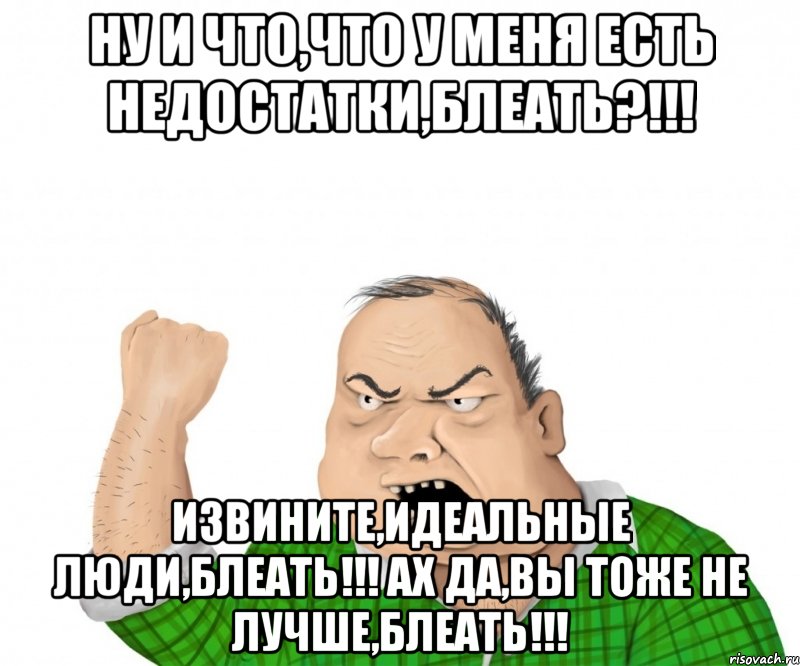 Ну и что,что у меня есть недостатки,блеать?!!! Извините,идеальные люди,блеать!!! Ах да,вы тоже не лучше,блеать!!!, Мем мужик