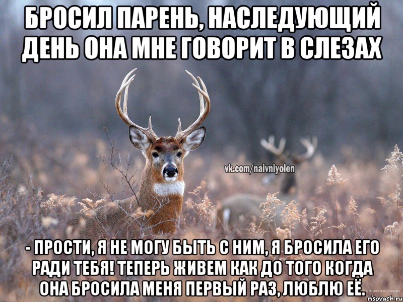 Бросил парень, наследующий день она мне говорит в слезах - Прости, я не могу быть с ним, я бросила его ради тебя! Теперь живем как до того когда она бросила меня первый раз, люблю её.