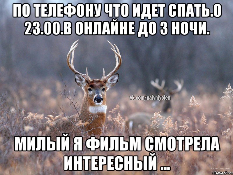 По телефону что идет спать.о 23.00.в онлайне до 3 ночи. Милый я Фильм смотрела интересный ..., Мем   Наивный олень