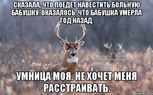 Сказала, что поедет навестить больную бабушку. Оказалось, что бабушка умерла год назад. Умница моя. Не хочет меня расстраивать.