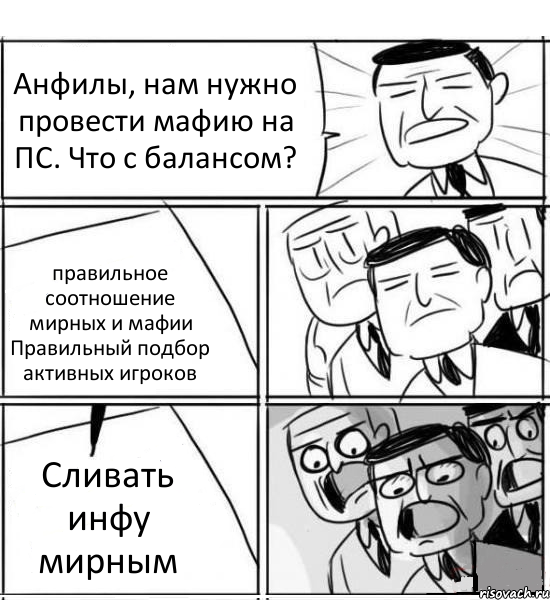 Анфилы, нам нужно провести мафию на ПС. Что с балансом? правильное соотношение мирных и мафии Правильный подбор активных игроков Сливать инфу мирным, Комикс нам нужна новая идея