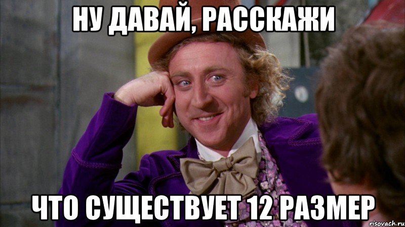 Ну давай, расскажи что существует 12 размер, Мем Ну давай расскажи (Вилли Вонка)