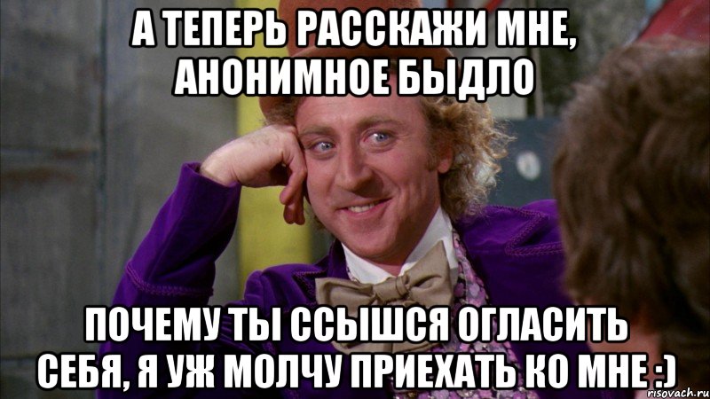 А теперь расскажи мне, анонимное быдло почему ты ссышся огласить себя, я уж молчу приехать ко мне :), Мем Ну давай расскажи (Вилли Вонка)