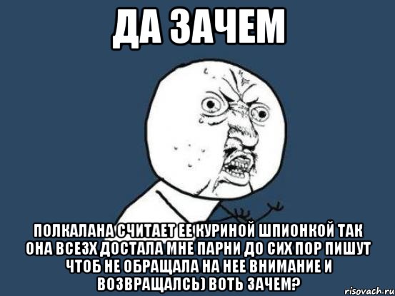 ДА ЗАЧЕМ полкалана считает ее куриной шпионкой так она всезх достала мне парни до сих пор пишут чтоб не обращала на нее внимание и возвращалсь) воть зачем?, Мем Ну почему