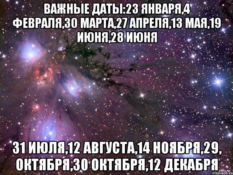 Важные даты:23 января,4 февраля,30 марта,27 апреля,13 мая,19 июня,28 июня 31 июля,12 августа,14 ноября,29, октября,30 октября,12 декабря, Мем Космос