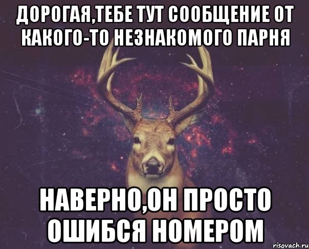 дорогая,тебе тут сообщение от какого-то незнакомого парня наверно,он просто ошибся номером, Мем  олень наивный