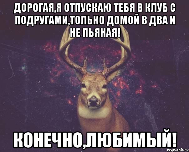 дорогая,я отпускаю тебя в клуб с подругами,только домой в два и не пьяная! конечно,любимый!, Мем  олень наивный