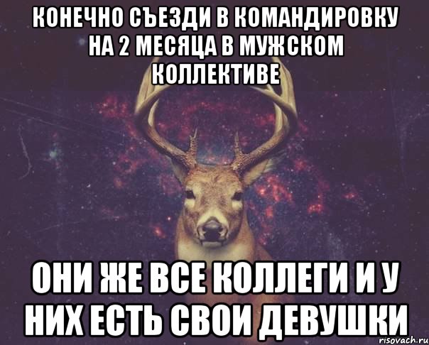 Конечно съезди в командировку на 2 месяца в мужском коллективе Они же все коллеги и у них есть свои девушки, Мем  олень наивный