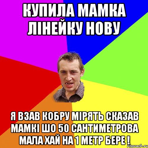 Купила мамка лінейку нову я взав кобру мірять сказав мамкі шо 50 сантиметрова мала хай на 1 метр бере !, Мем Чоткий паца