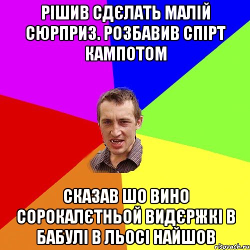 РІШИВ СДЄЛАТЬ МАЛІЙ СЮРПРИЗ. РОЗБАВИВ СПІРТ КАМПОТОМ СКАЗАВ ШО ВИНО СОРОКАЛЄТНЬОЙ ВИДЄРЖКІ В БАБУЛІ В ЛЬОСІ НАЙШОВ, Мем Чоткий паца