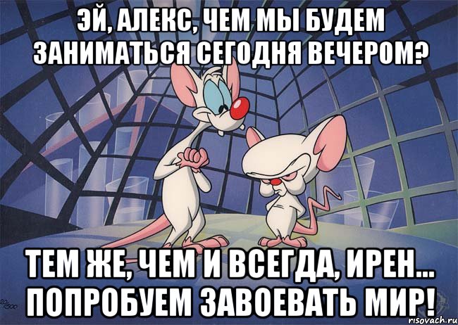 Эй, Алекс, чем мы будем заниматься сегодня вечером? Тем же, чем и всегда, Ирен… Попробуем завоевать мир!, Мем ПИНКИ И БРЕЙН