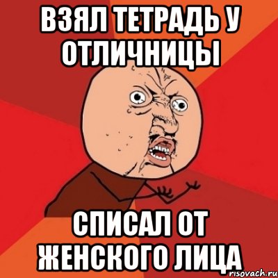 Взял тетрадь у отличницы Списал от женского лица, Мем Почему