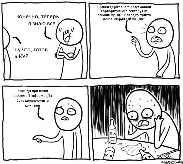 конечно, теперь я знаю все ! ну что, готов к КУ? Органи державного регулювання корпоративного сектору і їх основні функції. Наведіть триста основних функцій НКЦПФР Ваші дії при появі асиметрії інформації з боку менеджмента компанії, Комикс Самонадеянный алкоголик