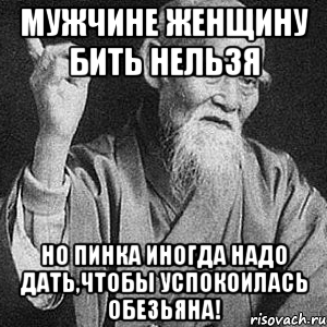 МУЖЧИНЕ ЖЕНЩИНУ БИТЬ НЕЛЬЗЯ Но пинка иногда надо дать,чтобы успокоилась обезьяна!, Мем Монах-мудрец (сэнсей)