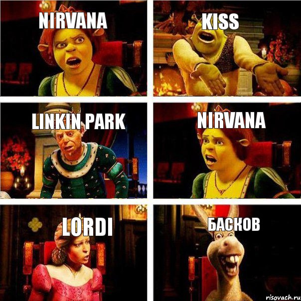 NIRVANA KISS LINKIN PARK NIRVANA LORDI БАСКОВ, Комикс  Шрек Фиона Гарольд Осел