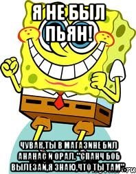 Я не был пьян! Чувак,ты в магазине бил ананас и орал. "Спанч Боб вылезай,я знаю,что ты там"., Мем спанч боб