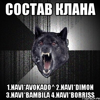 Состав клана 1.NaVi*aVoKado^ 2.NaVi*DiMon 3.NaVi*Bambila 4.NaVi*BoRriSs, Мем Сумасшедший волк