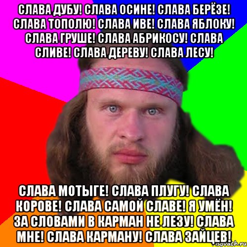 Слава дубу! Слава осине! Слава берёзе! Слава тополю! Слава иве! Слава яблоку! Слава груше! Слава абрикосу! Слава сливе! Слава дереву! Слава лесу! Слава мотыге! Слава плугу! Слава корове! Слава самой славе! Я умён! За словами в карман не лезу! Слава мне! Слава карману! Слава Зайцев!