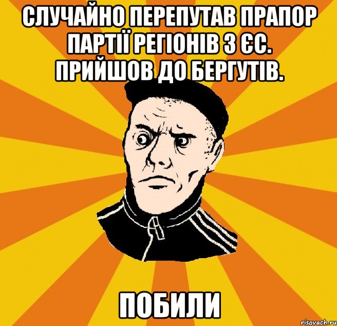 Случайно перепутав прапор Партії Регіонів з ЄС. Прийшов до бергутів. Побили