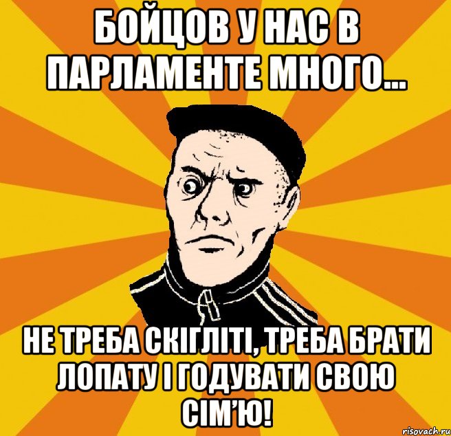 Бойцов у нас в парламенте много... Не треба скігліті, треба брати лопату і годувати свою сім’ю!, Мем Типовий Титушка