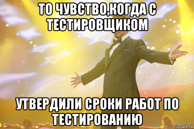 То чувство,когда с тестировщиком утвердили сроки работ по тестированию, Мем Тони Старк (Роберт Дауни младший)