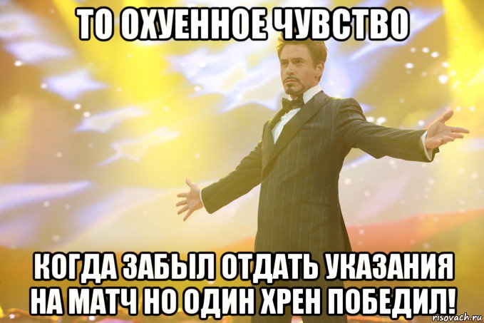 ТО ОХУЕННОЕ ЧУВСТВО КОГДА ЗАБЫЛ ОТДАТЬ УКАЗАНИЯ НА МАТЧ НО ОДИН ХРЕН ПОБЕДИЛ!, Мем Тони Старк (Роберт Дауни младший)