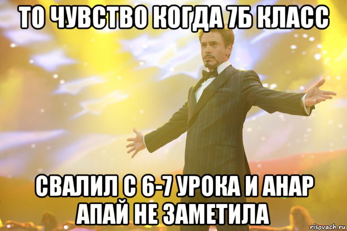 то чувство когда 7Б класс свалил с 6-7 урока и Анар апай не заметила, Мем Тони Старк (Роберт Дауни младший)