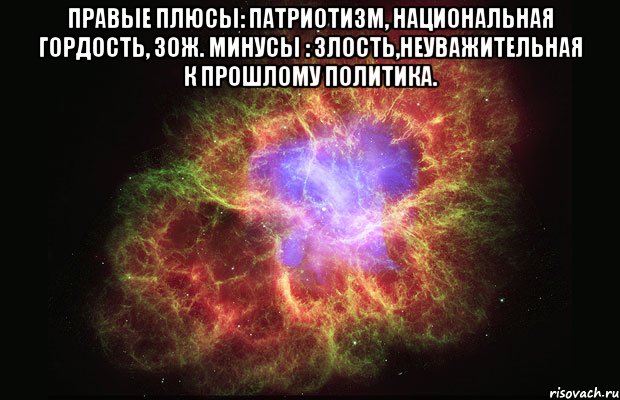 Правые Плюсы: Патриотизм, Национальная Гордость, Зож. Минусы : Злость,Неуважительная к прошлому политика. , Мем Туманность