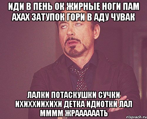 ИДИ В ПЕНЬ ОК ЖИРНЫЕ НОГИ ПАМ АХАХ ЗАТУПОК ГОРИ В АДУ ЧУВАК ЛАЛКИ ПОТАСКУШКИ СУЧКИ ИХИХХИИХИХИ ДЕТКА ИДИОТКИ ЛАЛ ММММ ЖРААААААТЬ, Мем твое выражение лица