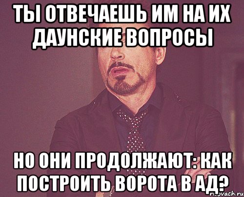 ТЫ ОТВЕЧАЕШЬ ИМ НА ИХ ДАУНСКИЕ ВОПРОСЫ НО ОНИ ПРОДОЛЖАЮТ: КАК ПОСТРОИТЬ ВОРОТА В АД?, Мем твое выражение лица