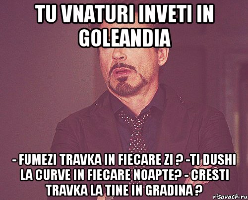 tu vnaturi inveti in goleandia - fumezi travka in fiecare zi ? -ti dushi la curve in fiecare noapte? - cresti travka la tine in gradina ?, Мем твое выражение лица