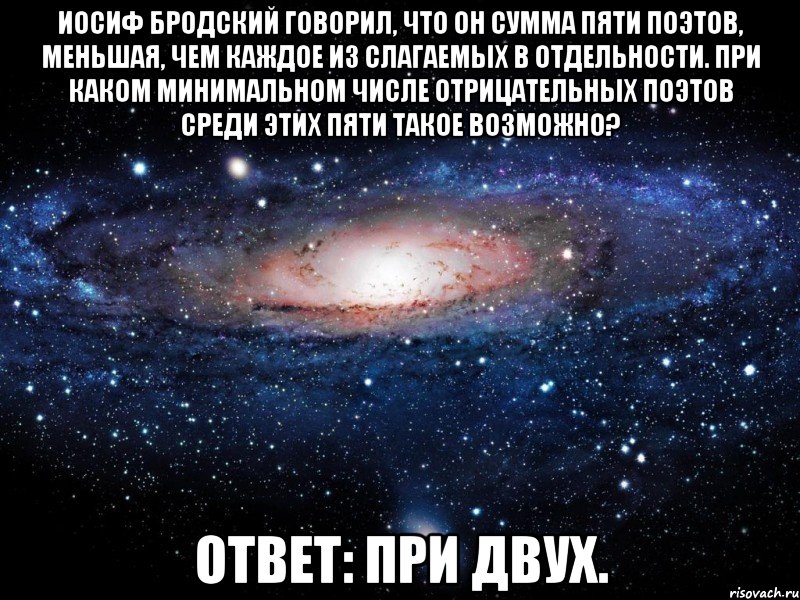 Иосиф Бродский говорил, что он сумма пяти поэтов, меньшая, чем каждое из слагаемых в отдельности. При каком минимальном числе отрицательных поэтов среди этих пяти такое возможно? Ответ: При двух., Мем Вселенная