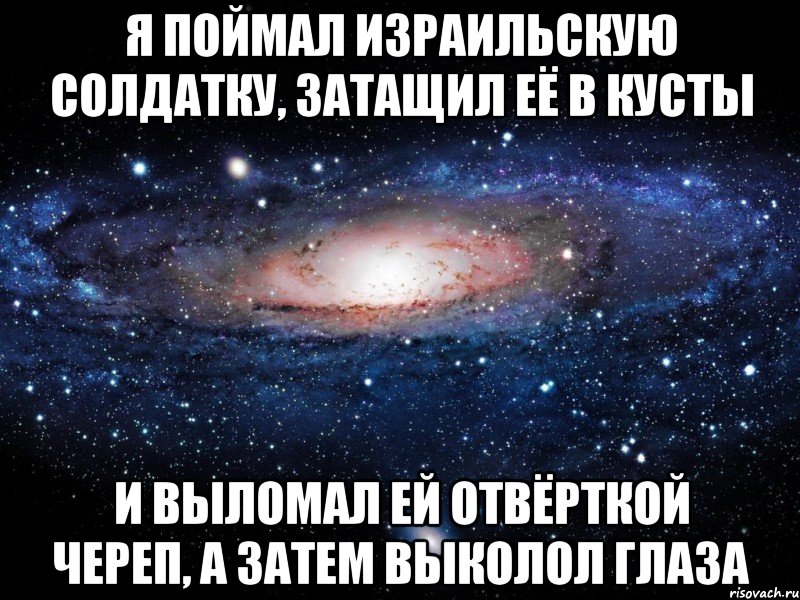 Я поймал израильскую солдатку, затащил её в кусты и выломал ей отвёрткой череп, а затем выколол глаза, Мем Вселенная