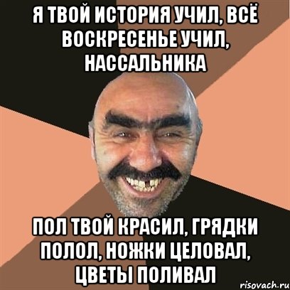 я твой история учил, всё воскресенье учил, нассальника пол твой красил, грядки полол, ножки целовал, цветы поливал, Мем Я твой дом труба шатал