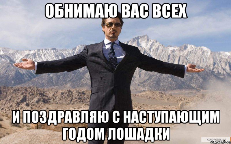 Обнимаю вас всех И поздравляю с наступающим годом лошадки, Мем железный человек