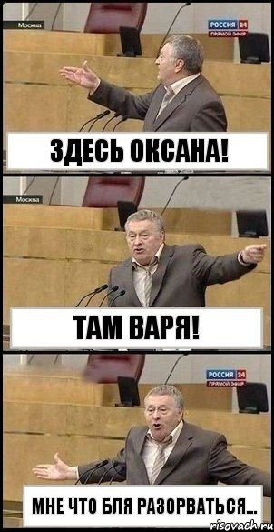 ЗДЕСЬ Оксана! ТАМ Варя! МНЕ ЧТО БЛЯ РАЗОРВАТЬСЯ..., Комикс Жириновский разводит руками 3