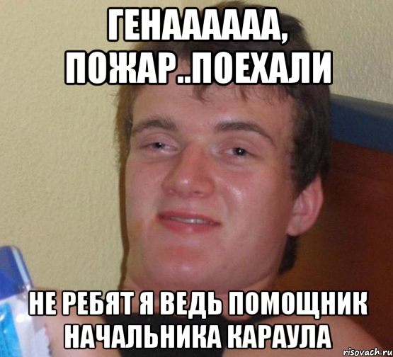 ГЕНАААААА, пожар..поехали не ребят я ведь помощник начальника караула, Мем 10 guy (Stoner Stanley really high guy укуренный парень)