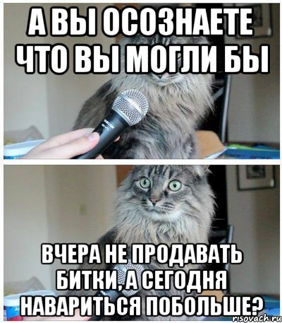 А вы осознаете что вы могли бы вчера не продавать битки, а сегодня навариться побольше?, Комикс  кот с микрофоном