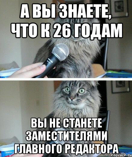 А вы знаете, что к 26 годам вы не станете заместителями главного редактора, Комикс  кот с микрофоном