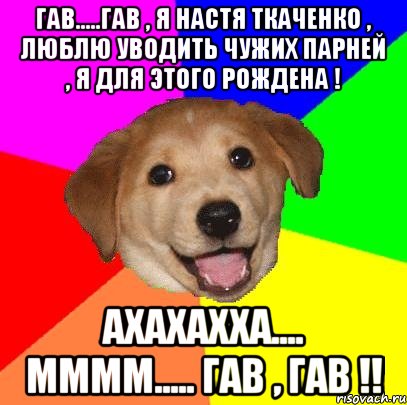 гав.....гав , я Настя Ткаченко , люблю уводить чужих Парней , я для Этого рождена ! Ахахахха.... мммм..... гав , гав !!, Мем Advice Dog