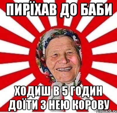 пирїхав до баби ходиш в 5 годин доїти з нею корову, Мем  бабуля