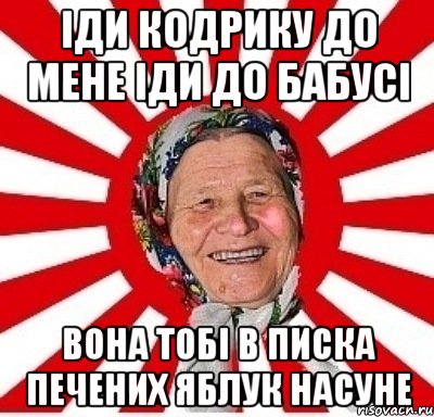 іди кодрику до мене іди до бабусі вона тобі в писка печених яблук насуне, Мем  бабуля