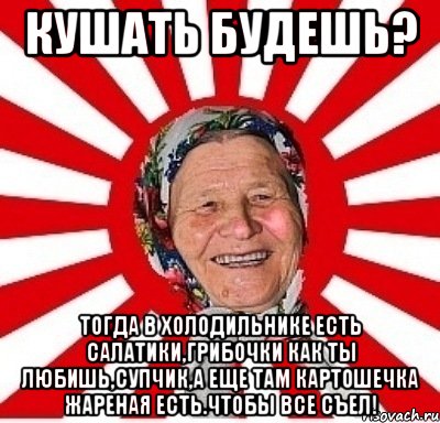 кушать будешь? тогда в холодильнике есть салатики,грибочки как ты любишь,супчик,а еще там картошечка жареная есть.чтобы все съел!, Мем  бабуля