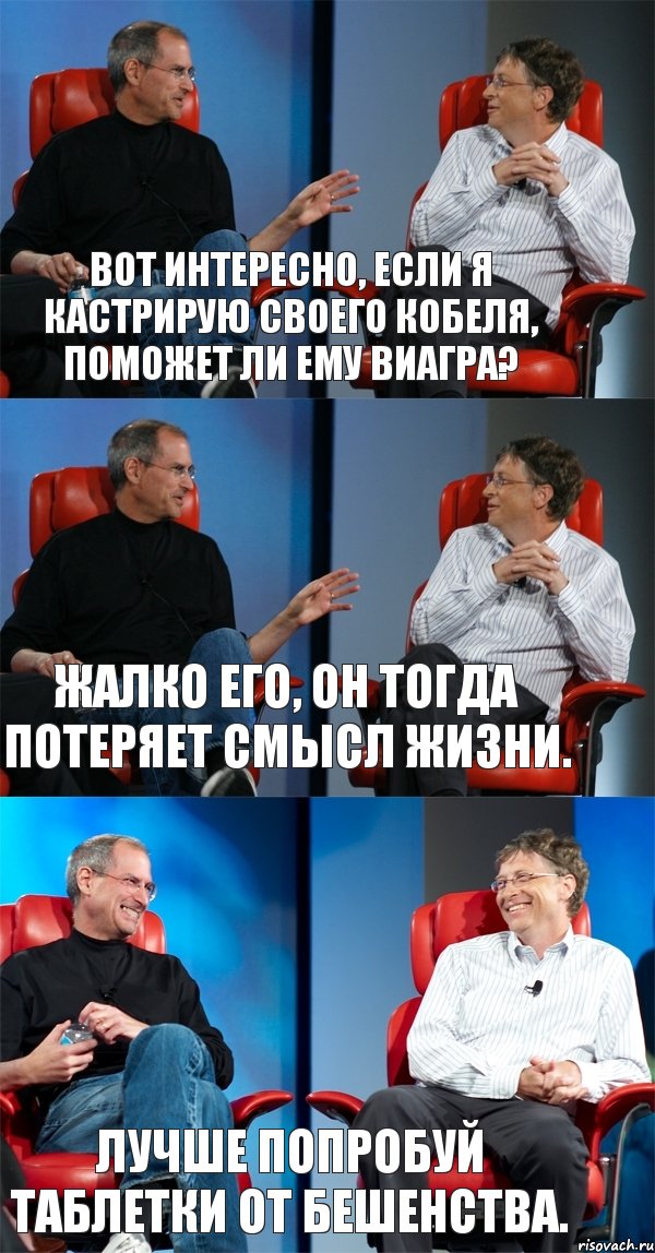 Вот интересно, если я кастрирую своего кобеля, поможет ли ему виагра? Жалко его, он тогда потеряет смысл жизни. Лучше попробуй таблетки от бешенства., Комикс Стив Джобс и Билл Гейтс (3 зоны)