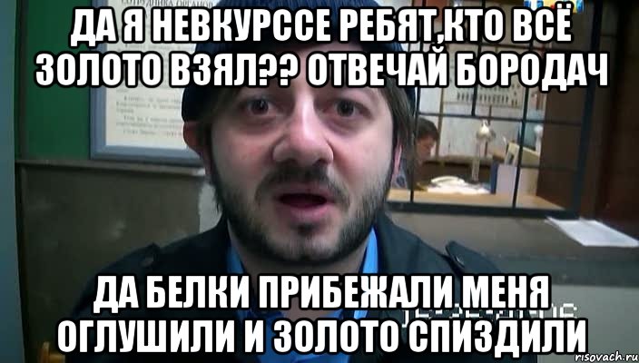 да я невкурссе ребят,кто всё золото взял?? отвечай бородач да белки прибежали меня оглушили и золото спиздили, Мем Бородач