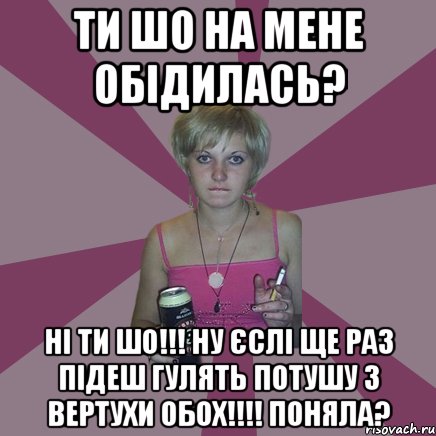 ти шо на мене обідилась? ні ти шо!!! ну єслі ще раз підеш гулять потушу з вертухи обох!!!! ПОНЯЛА?, Мем Чотка мала