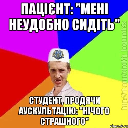 Пацієнт: "Мені неудобно сидіть" Студент, продячи аускультацію: "Нічого страшного"