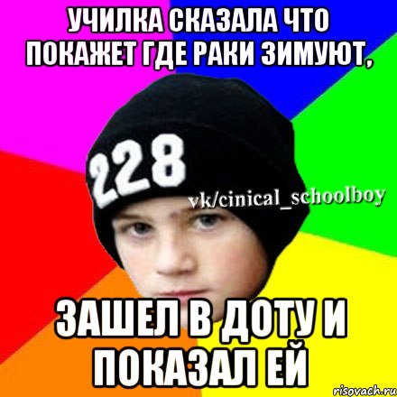 Училка сказала что покажет где раки зимуют, Зашел в доту и показал ей, Мем  Циничный школьник 1